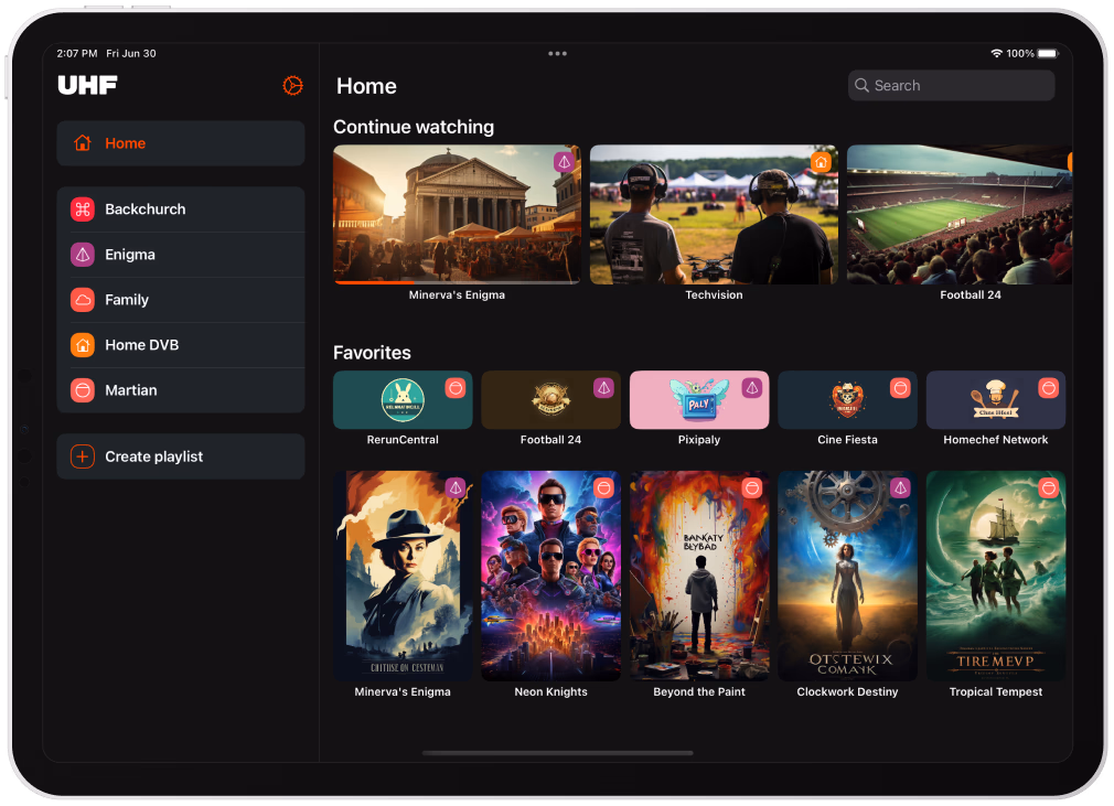 UHF IPTV app interface showing live TV, movies, and sports in HD & 4K — stream instantly on any device.